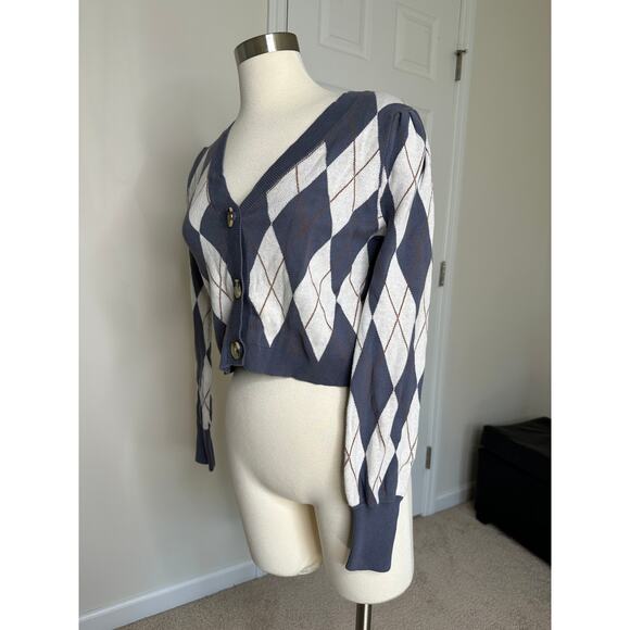 blue/brown argyle cropped button down sweater top, size small - Picture 3 of 6